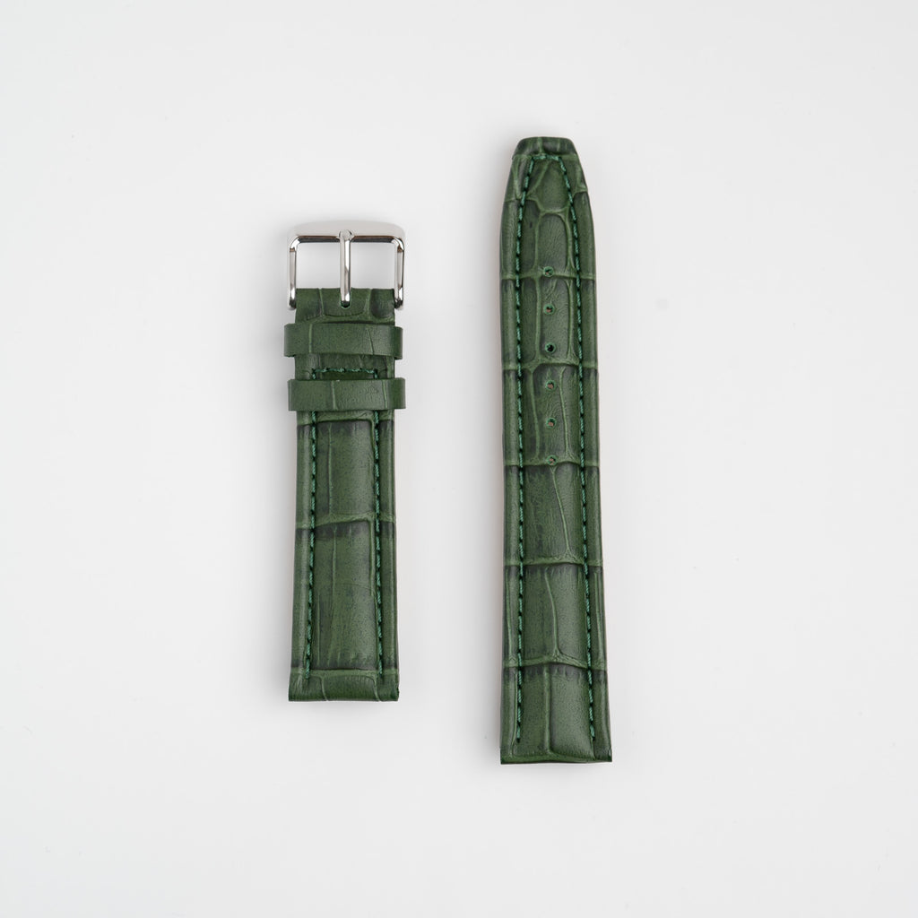 Green Mayfair Contour watch strap, laid flat with its buckle