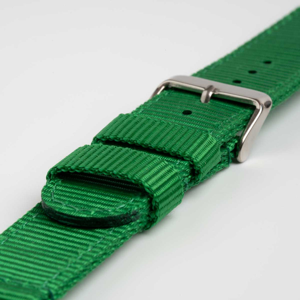 Nylon Quick Release Green Watch Strap, close-up of the buckle and keepers