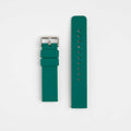 A green silicone watch strap with a silver buckle and multiple holes for adjustment, displayed on a plain background.