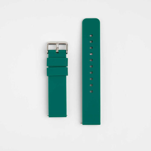 A green silicone watch strap with a silver buckle and multiple holes for adjustment, displayed on a plain background.