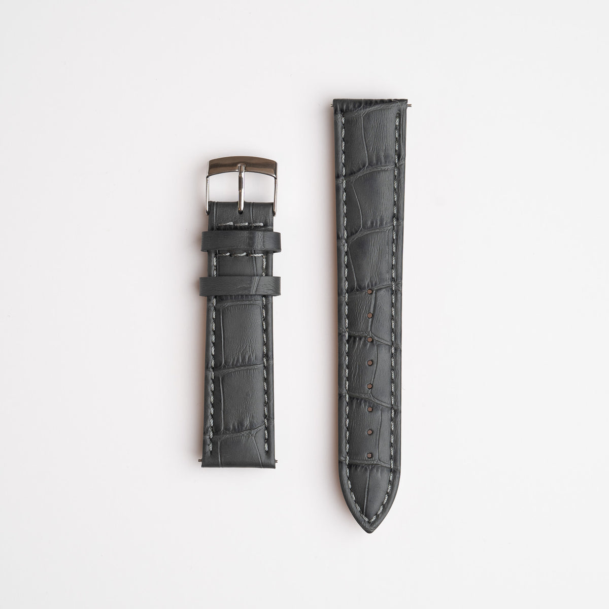 Grey Mayfair Super Quick Release watch strap, laid flat with its buckle