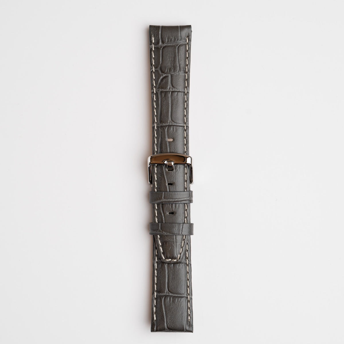 Grey Mayfair Alligator watch strap, buckled, front view