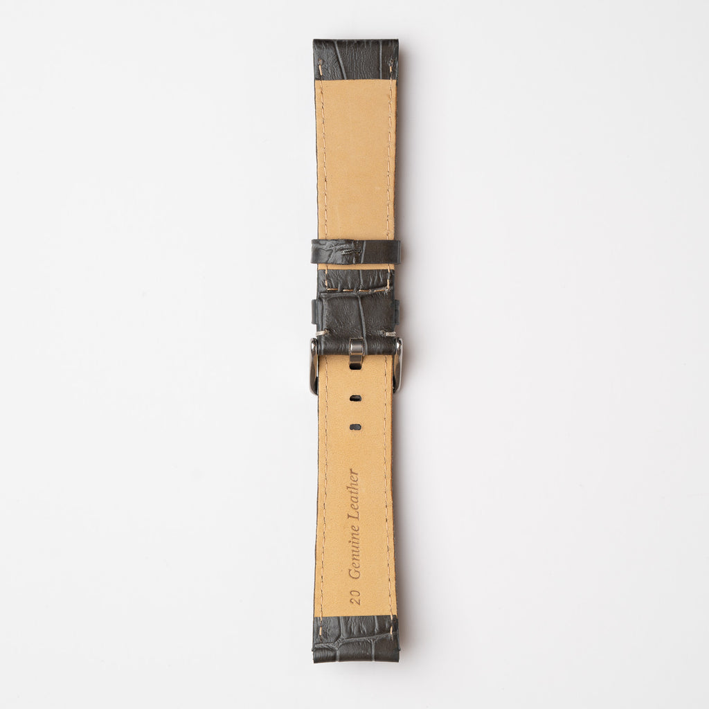Grey Mayfair Alligator watch strap, buckled, back view
