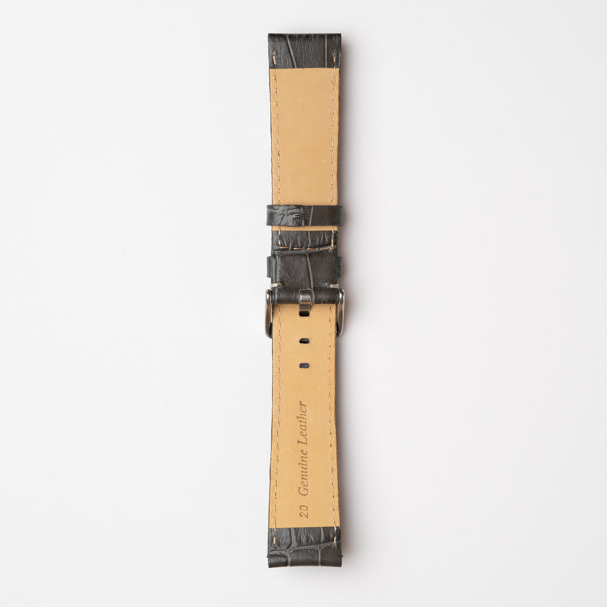 Grey Mayfair Alligator watch strap, buckled, back view