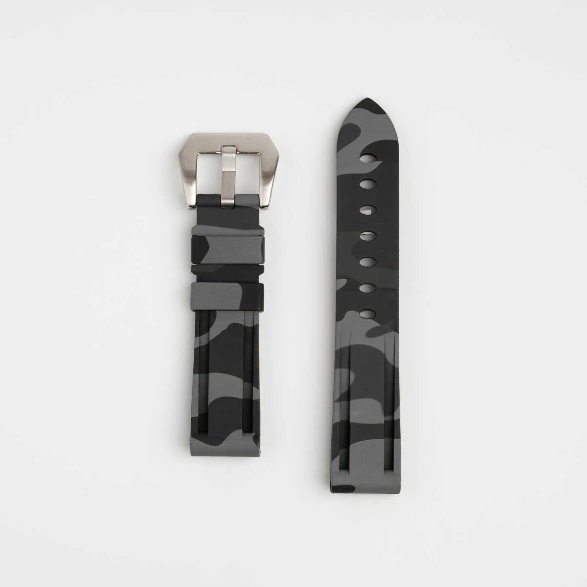 Grey camo silicone watch strap, laid flat with buckle