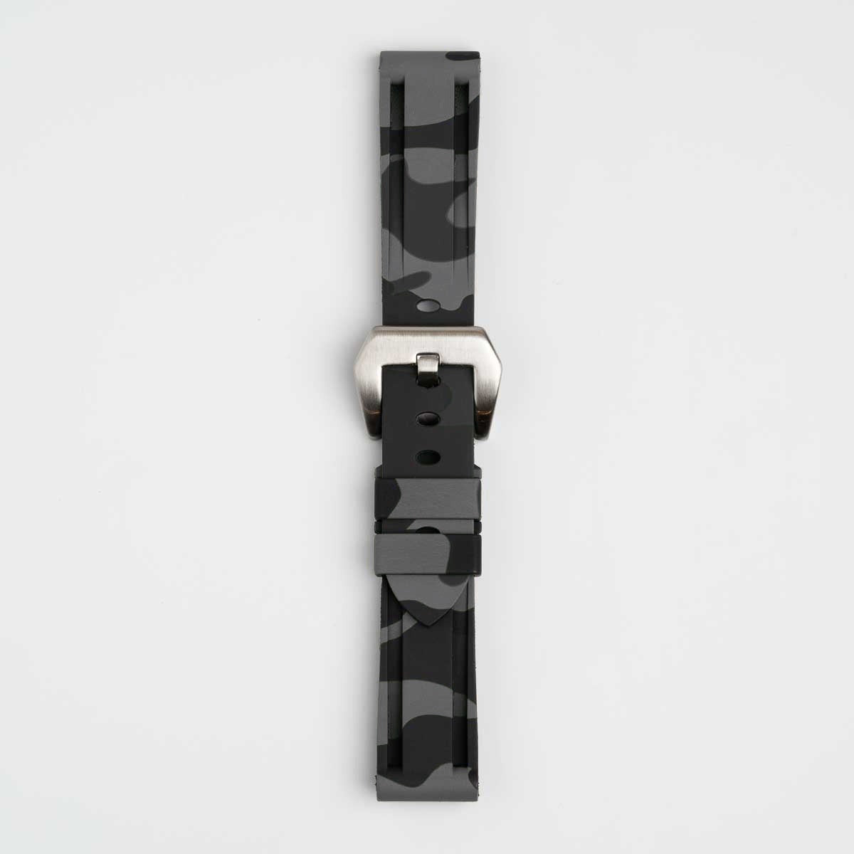 Grey camo silicone watch strap, buckled, front view