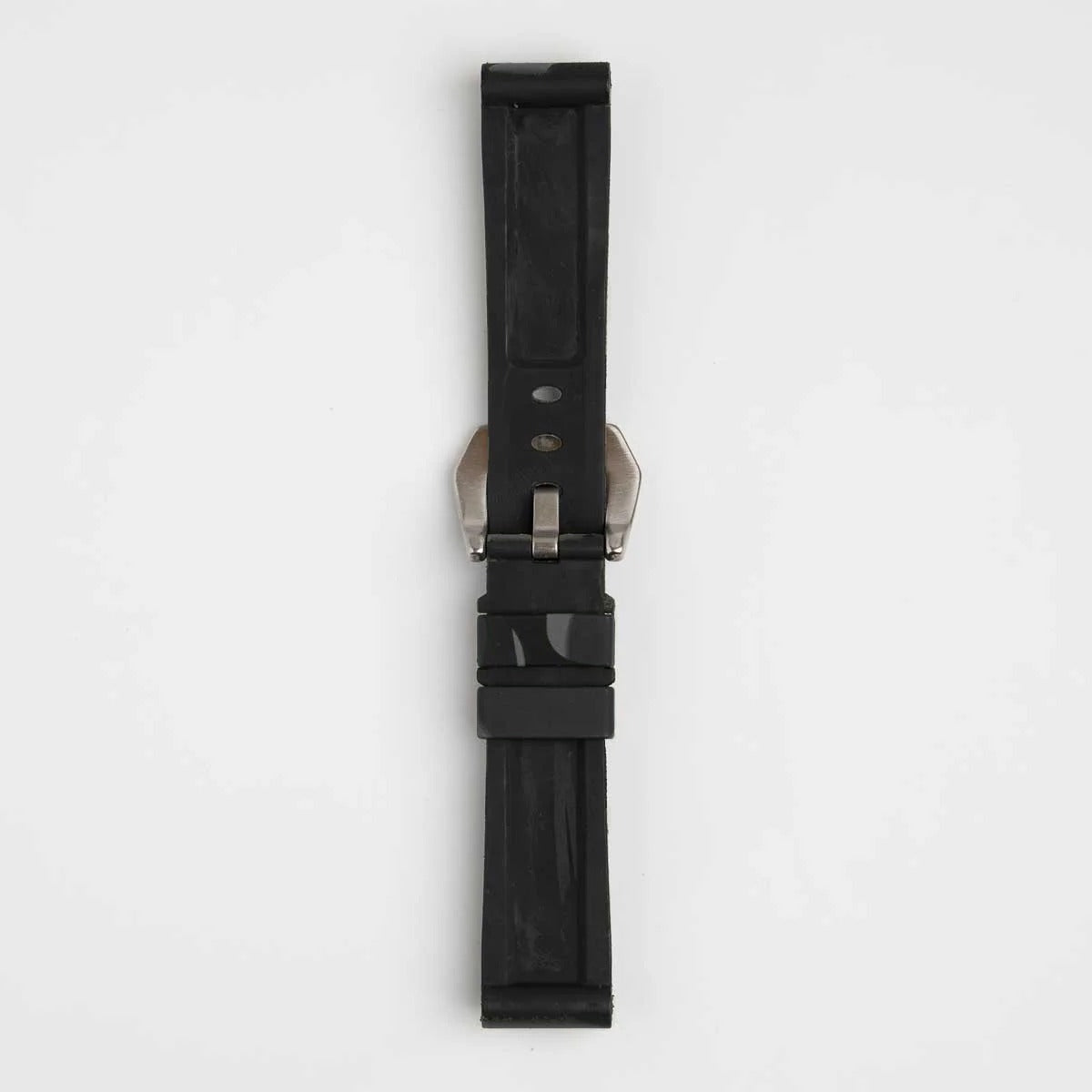 Grey camo silicone watch strap, buckled, back view
