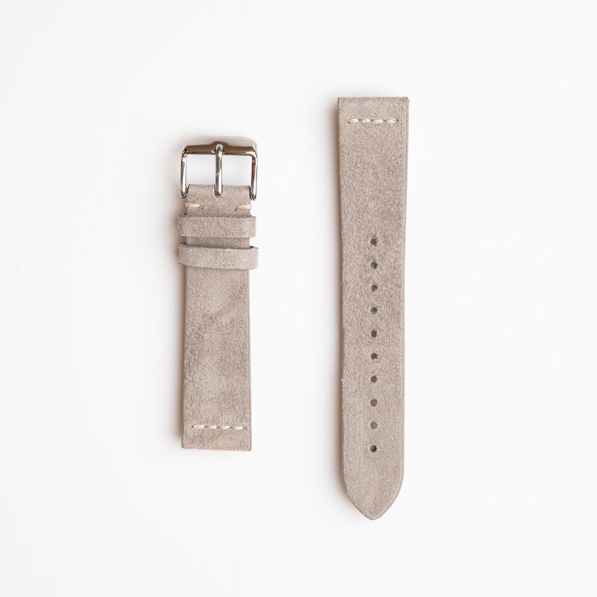 A grey / white coloured napped suede watch strap with a silver buckle available in 18mm, 20mm & 22mm, displayed flat on a white background.