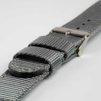 Nylon Quick Release Grey Watch Strap, close-up of the buckle and keepers