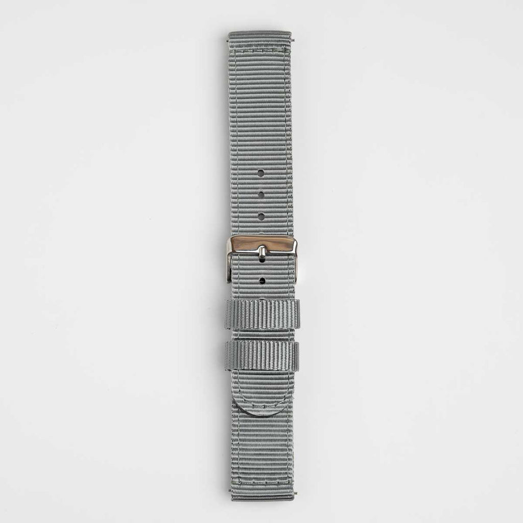 Nylon Quick Release Grey Watch Strap, buckled up, front view