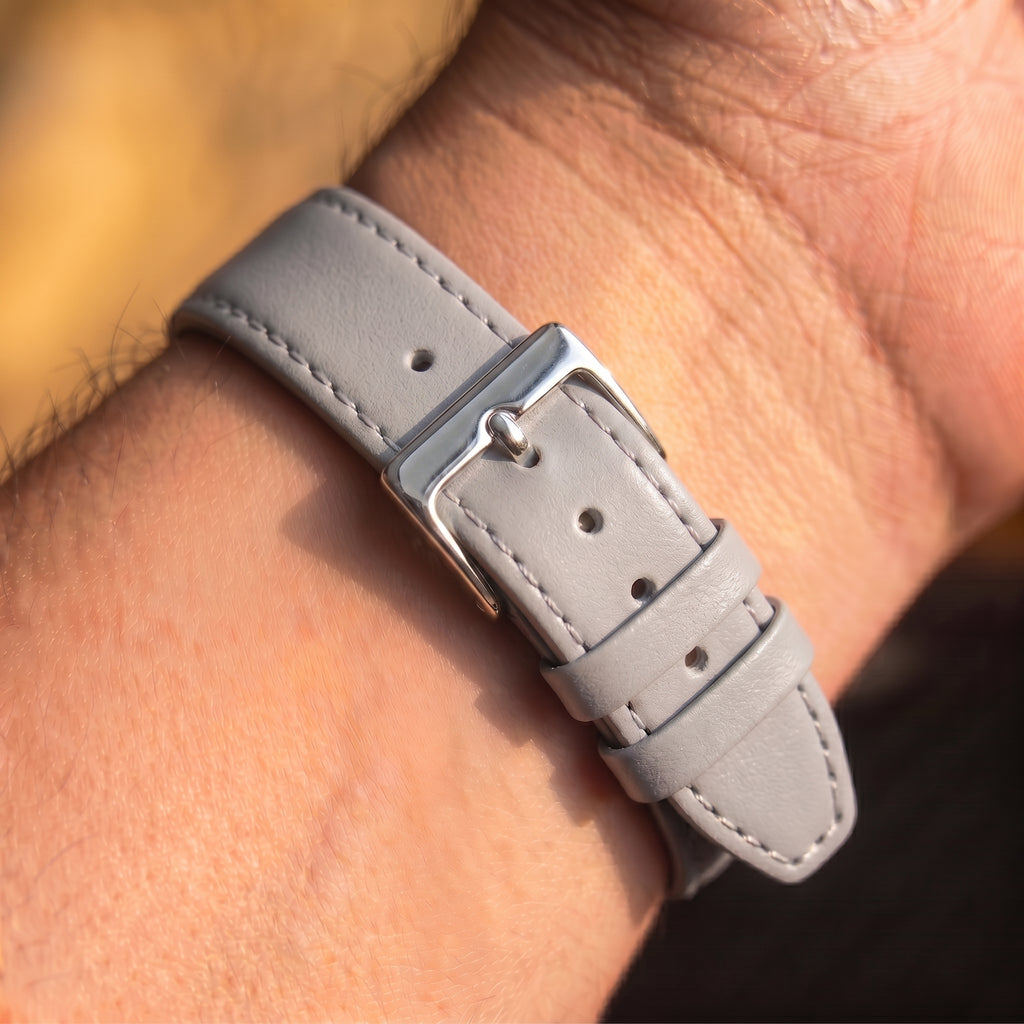 Grey Mayfair Subtle watch strap, shown on a watch, second view