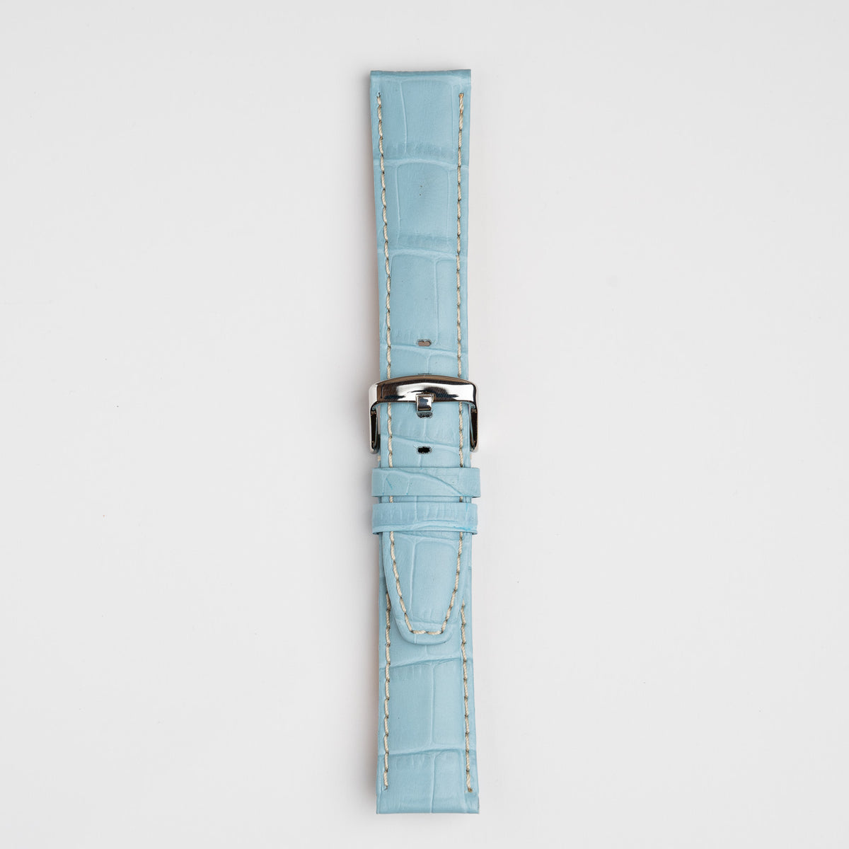 Light Blue Mayfair Alligator watch strap, buckled, front view
