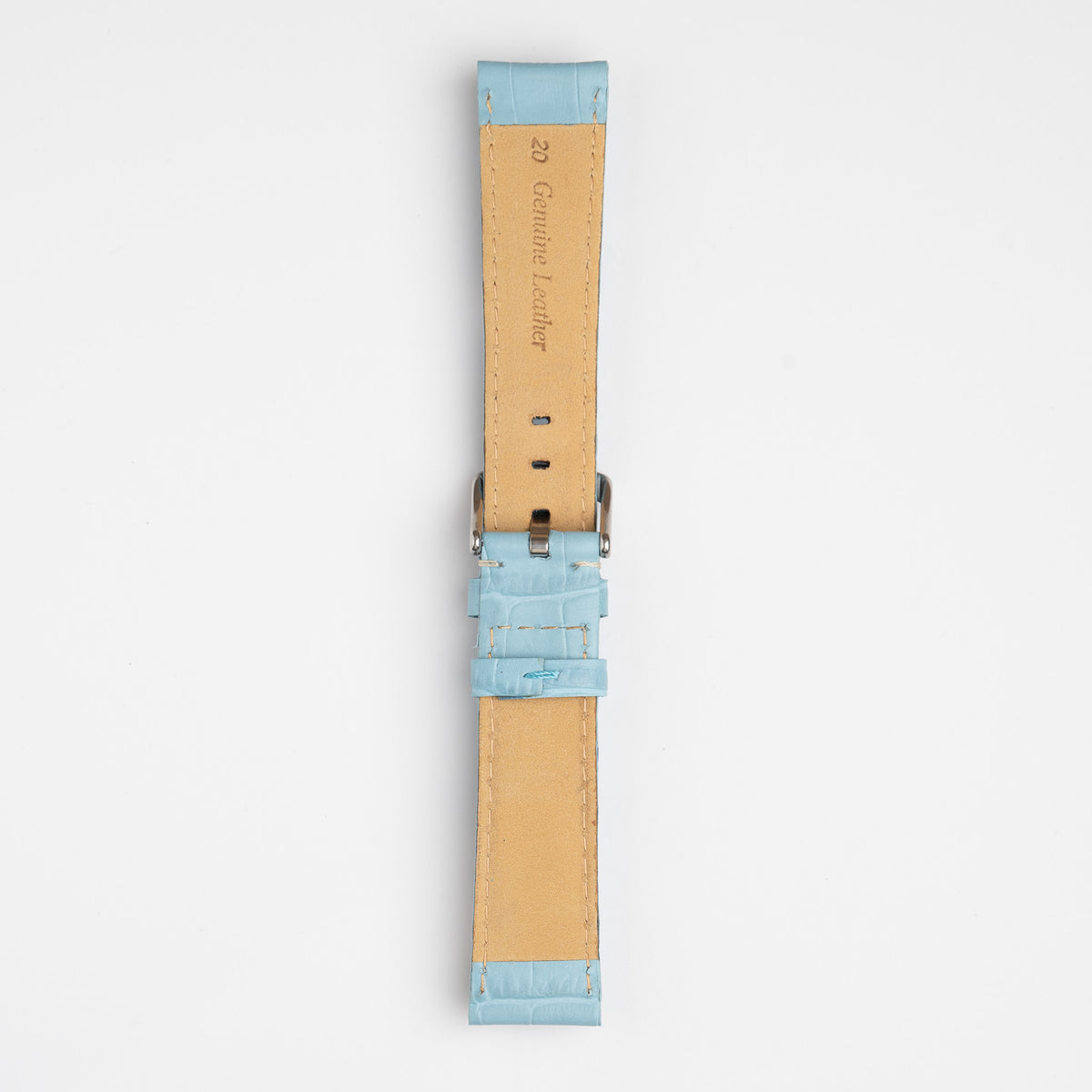 Light Blue Mayfair Alligator watch strap, buckled, back view