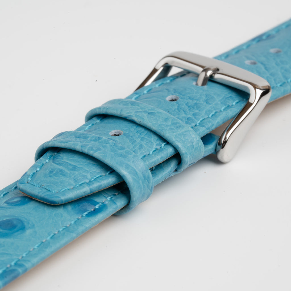 Sandbanks Ostrich Light Blue Watch Strap, close-up of the buckle and keepers