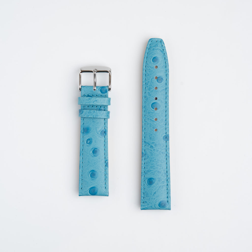 Sandbanks Ostrich Light Blue Watch Strap, both pieces laid flat