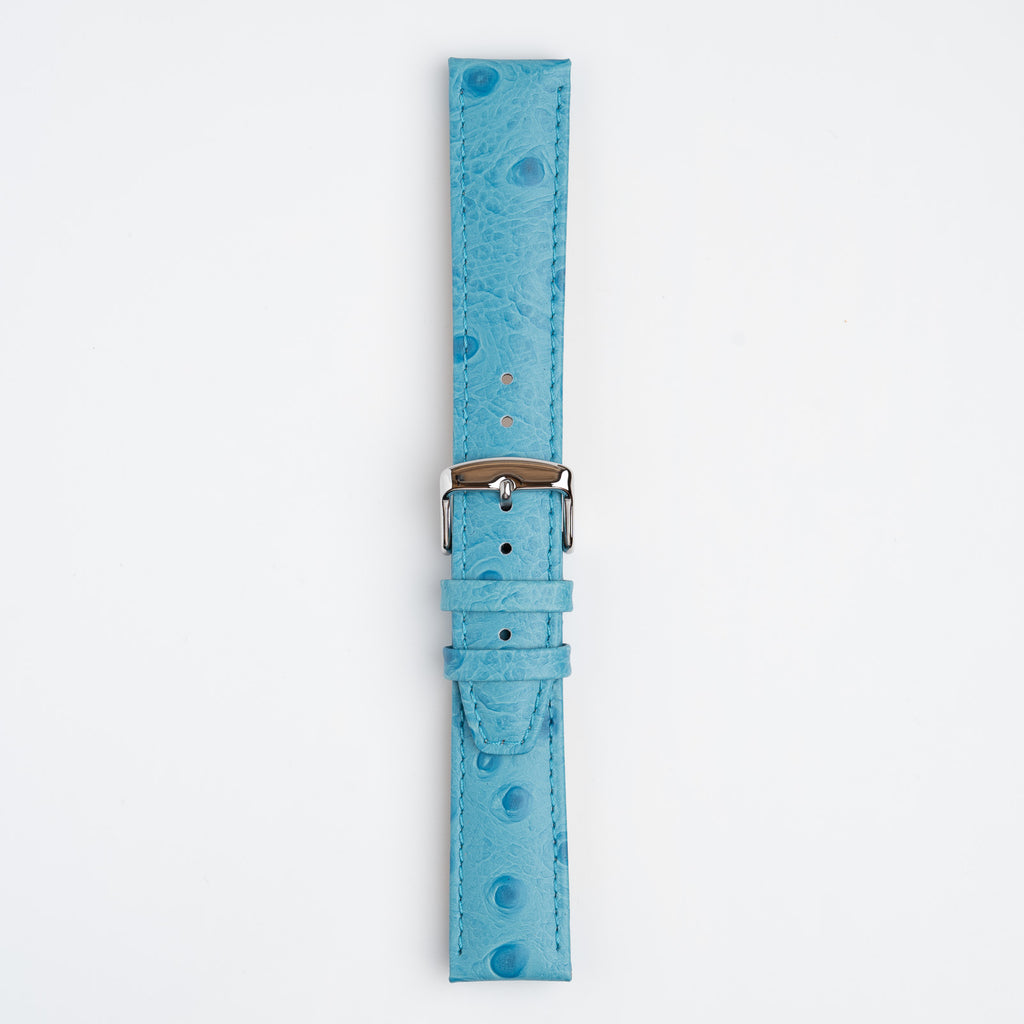 Sandbanks Ostrich Light Blue Watch Strap, buckled up, front view