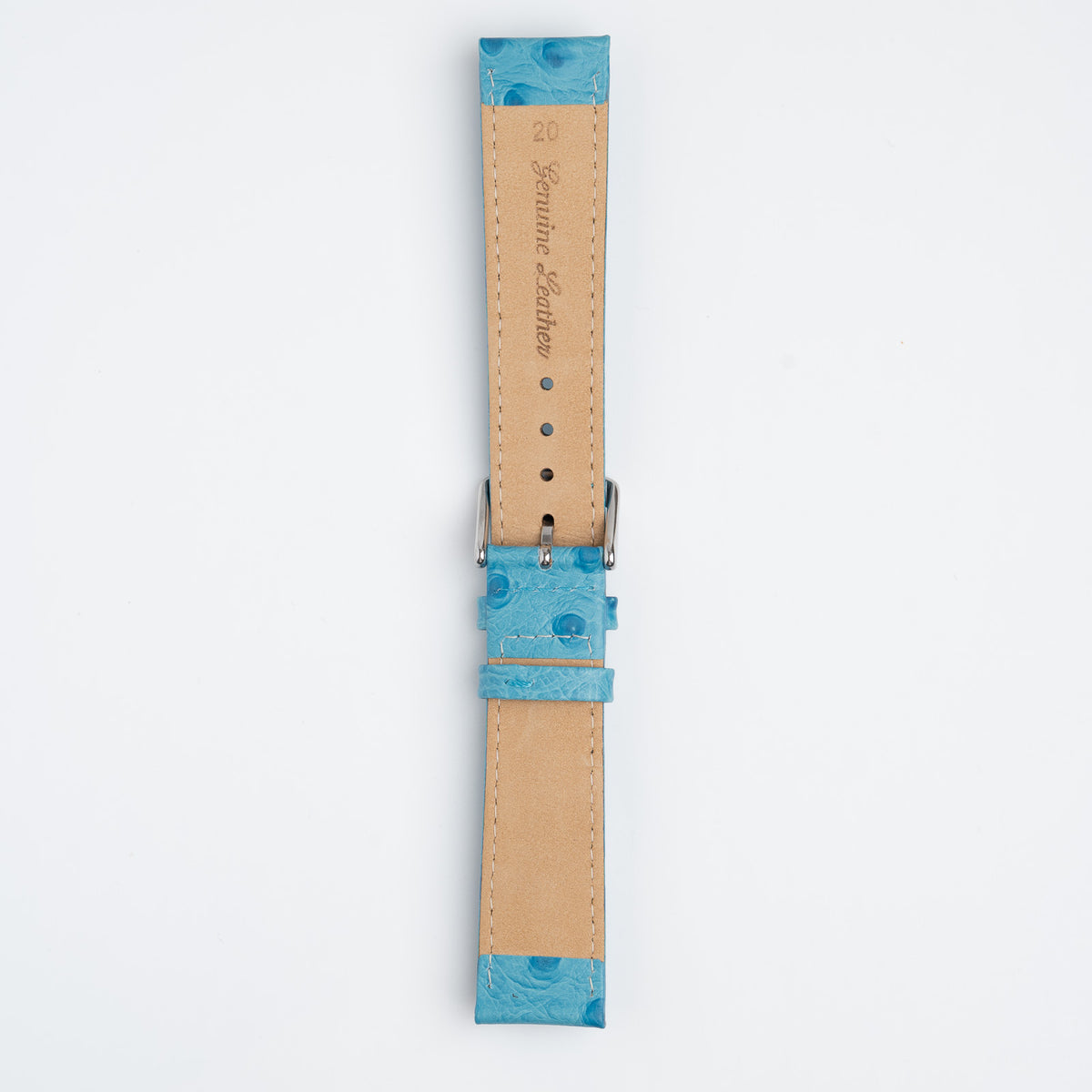 Sandbanks Ostrich Light Blue Watch Strap, underside showing the lining