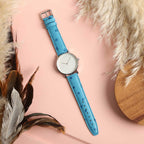 Sandbanks Ostrich Light Blue Watch Strap, shown on a watch