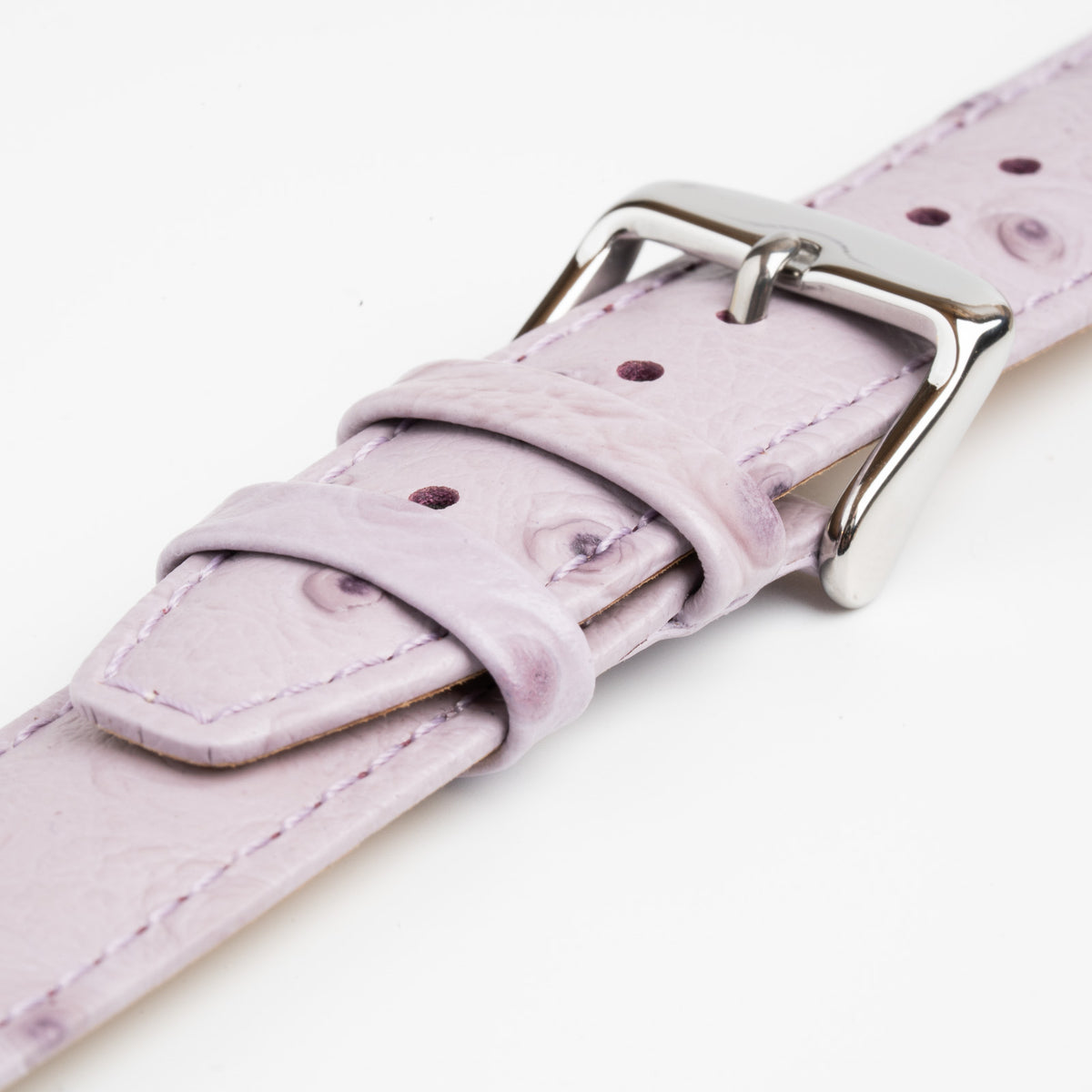 Sandbanks Ostrich Lilac Watch Strap, close-up of the buckle and keepers