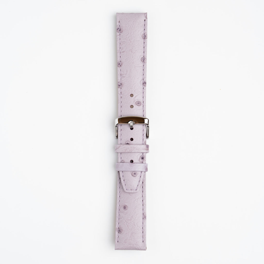 Sandbanks Ostrich Lilac Watch Strap, buckled up, front view