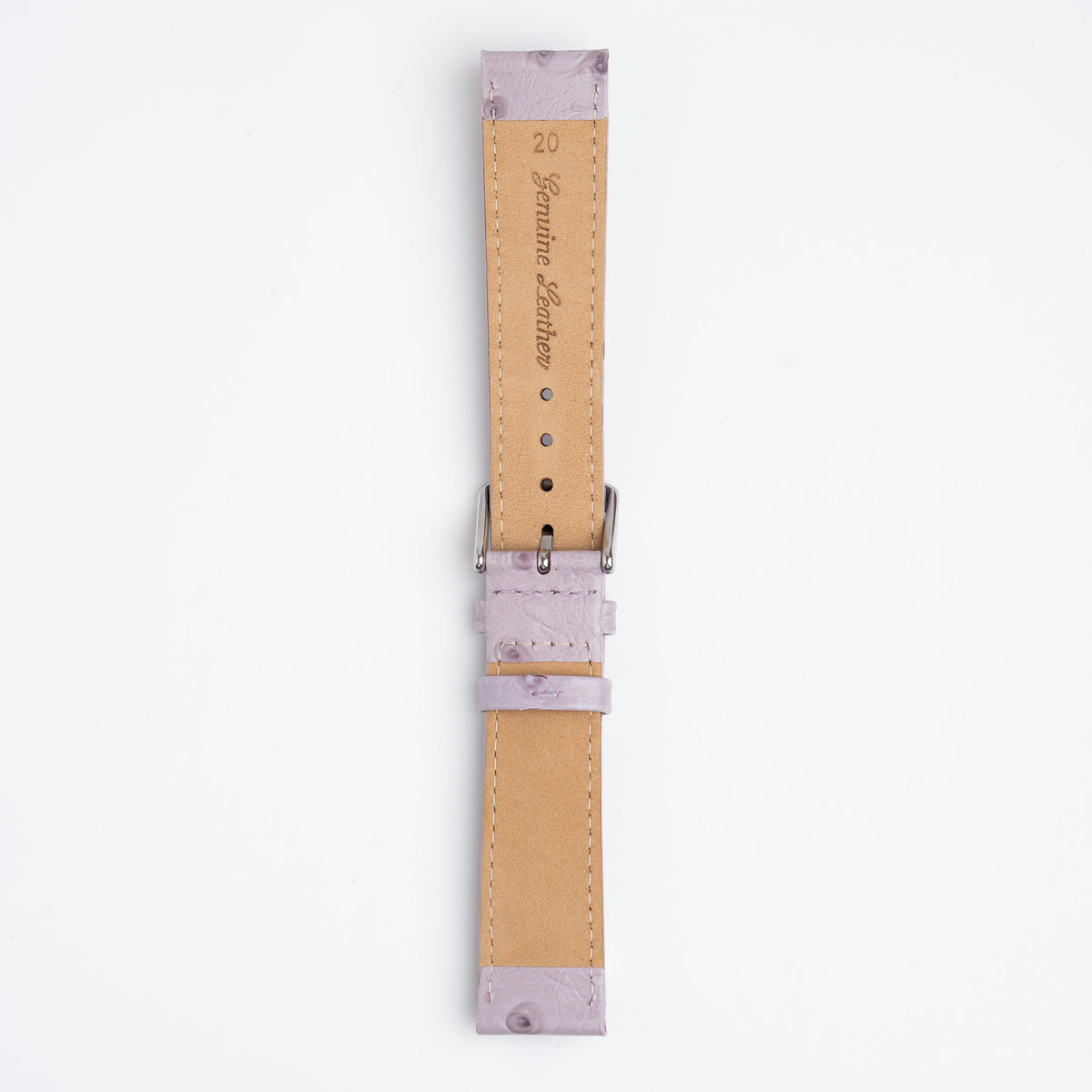 Sandbanks Ostrich Lilac Watch Strap, underside showing the lining