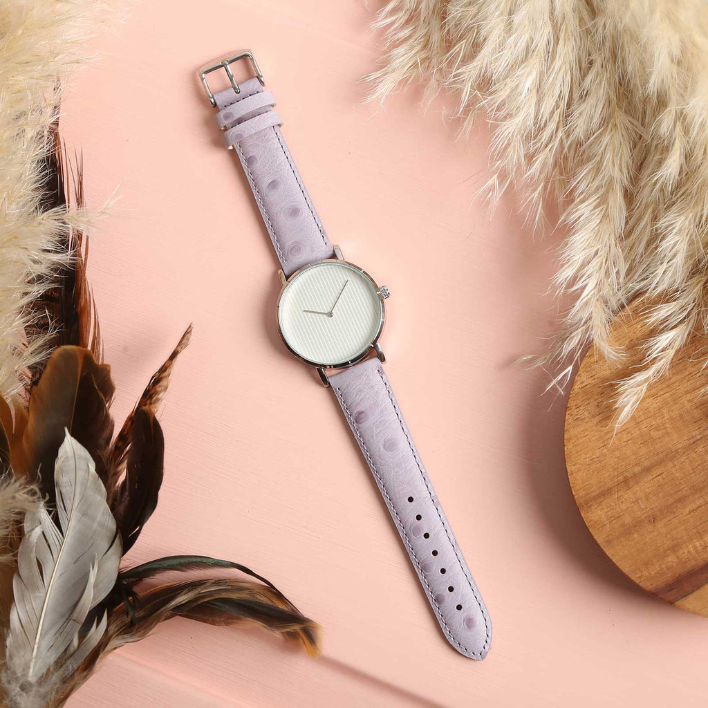 Sandbanks Ostrich Lilac Watch Strap, shown on a watch