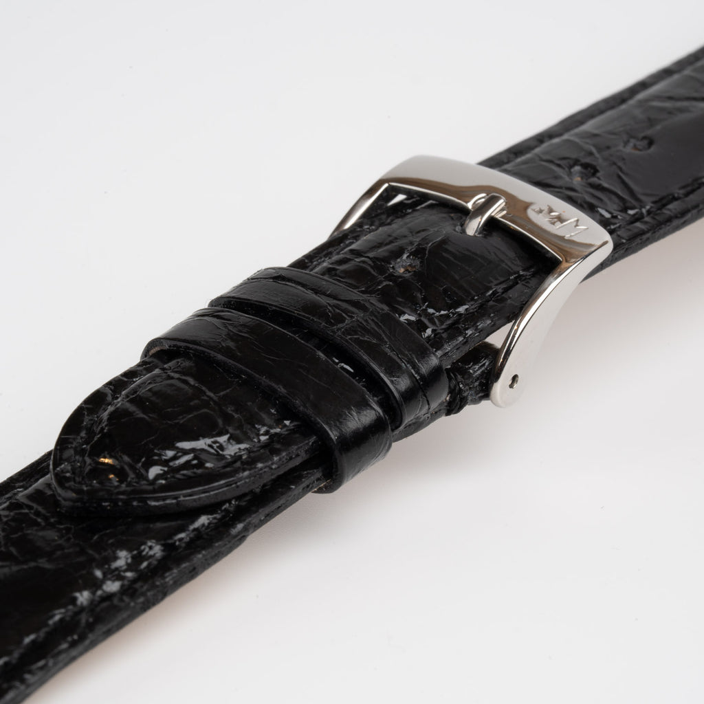Amadeus Black Crocodile Watch Strap, close-up of the buckle and keepers