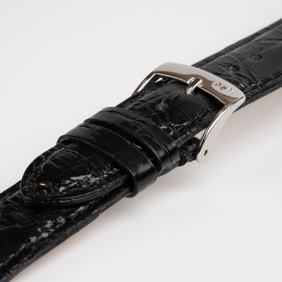 Amadeus Black Crocodile Watch Strap, close-up of the buckle and keepers