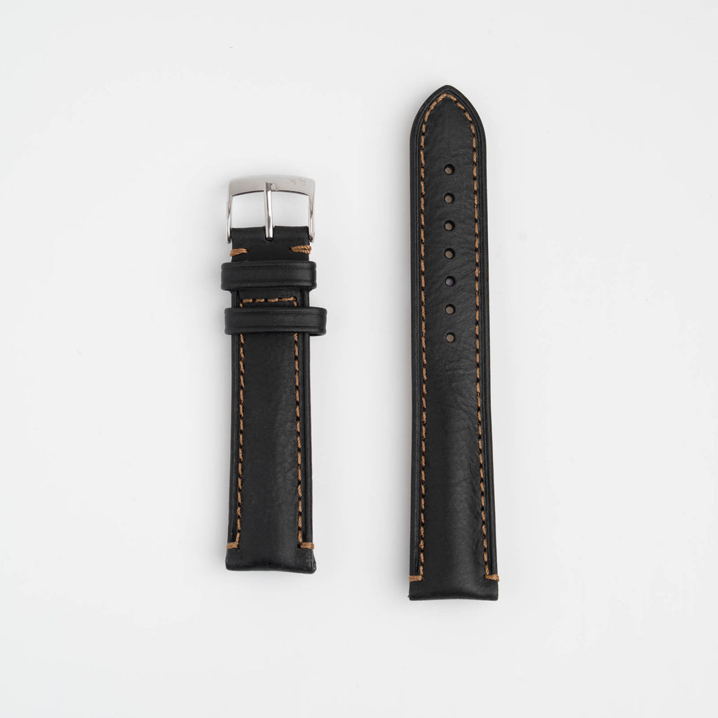 Morellato Derain Pull Up Black Watch Strap - Black leather watch strap with orange stitching on a white background