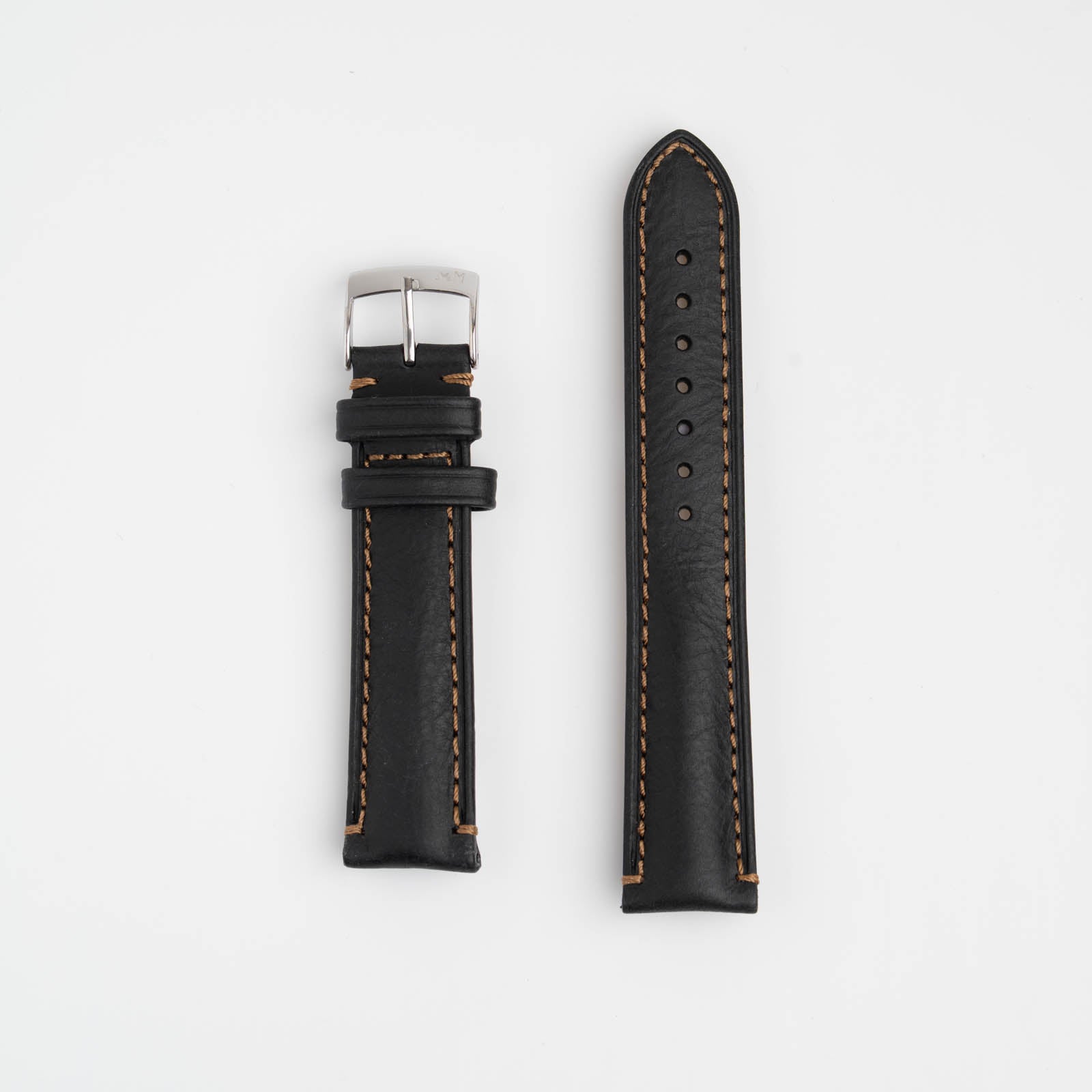 Morellato Derain Pull Up Black Watch Strap - Black leather watch strap with orange stitching on a white background