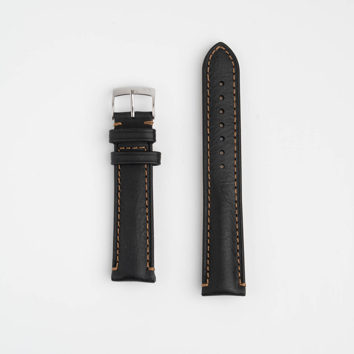 Morellato Derain Pull Up Black Watch Strap - Black leather watch strap with orange stitching on a white background