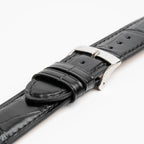 Tiepolo Alligator Grain Black Watch Strap, close-up of the buckle and keepers
