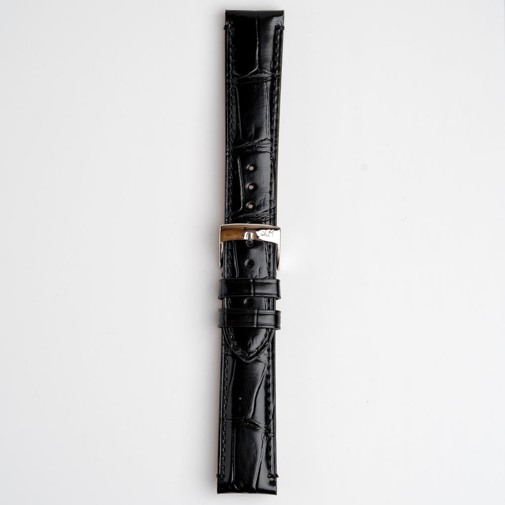 Tiepolo Alligator Grain Black Watch Strap, buckled up, front view