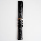 Tiepolo Alligator Grain Black Watch Strap, buckled up, front view
