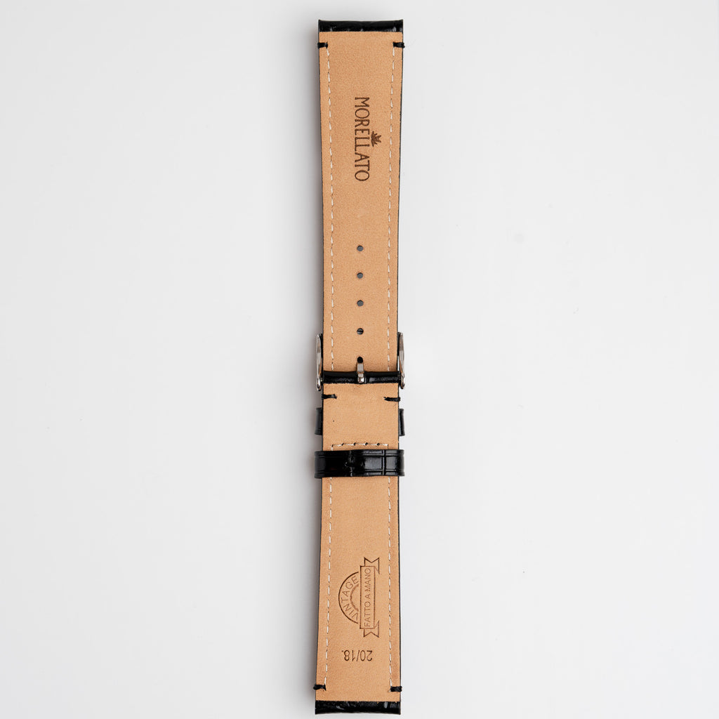 Tiepolo Alligator Grain Black Watch Strap, underside showing the lining