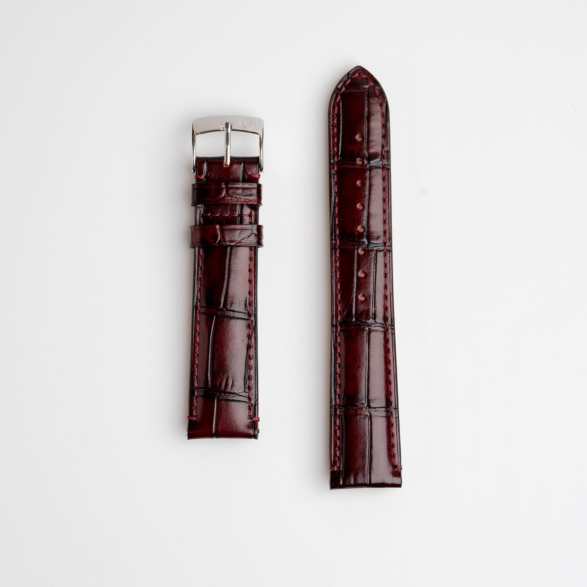 Morellato tiepolo red leather watch strap with alligator grain pattern, laid out flat against a white background.