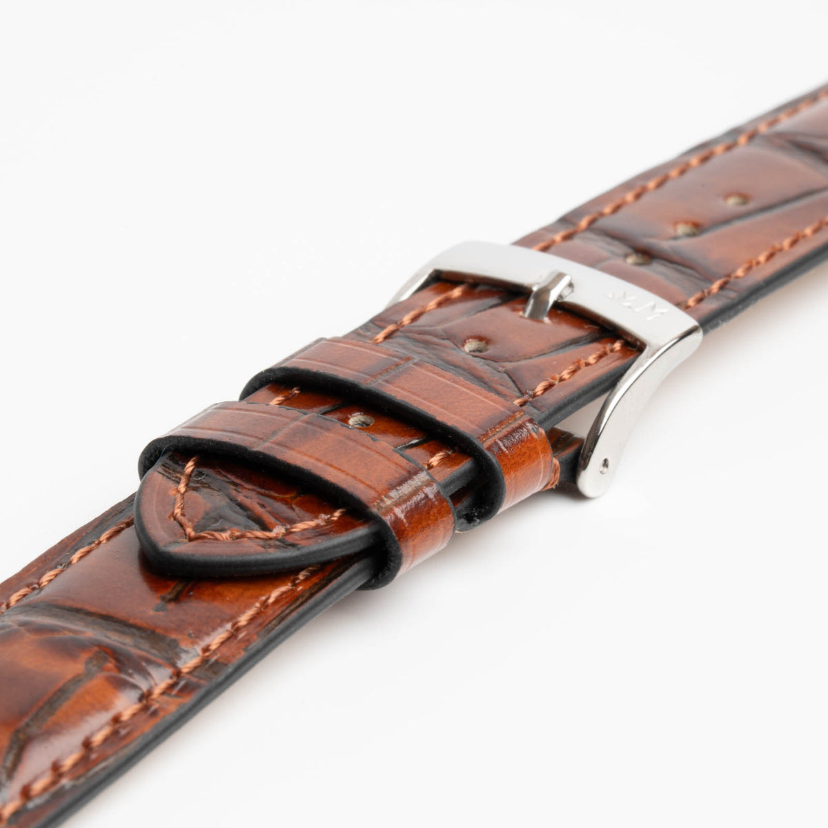 Tiepolo Alligator Grain Tan Watch Strap, close-up of the buckle and keepers