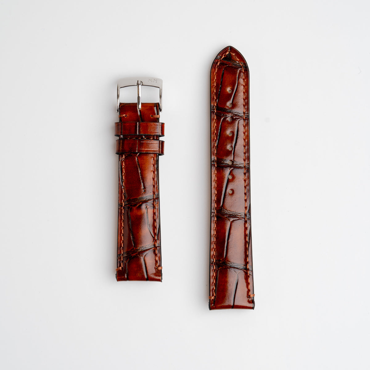 Morellato tiepolo tan coloured alligator grain watch strap laid out flat, showing the texture and length of the leather.