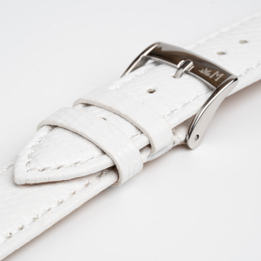 Violino Lizard White Watch Strap, close-up of the buckle and keepers