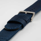 Nylon Quick Release Navy Watch Strap, close-up of the buckle and keepers