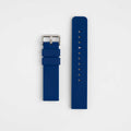 A navy blue silicone watch strap with a silver buckle laid out flat on a white background.