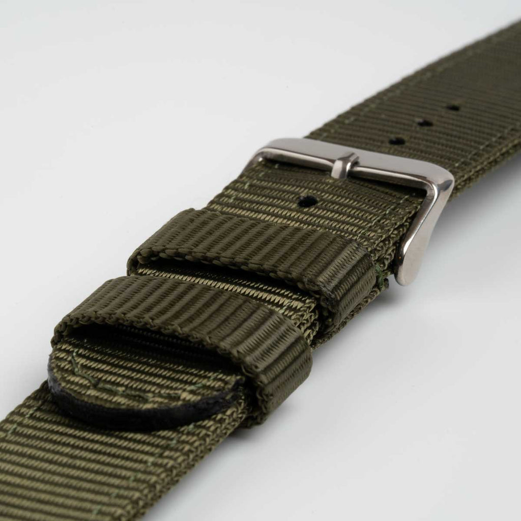 Nylon Quick Release Olive Green Watch Strap, close-up of the buckle and keepers