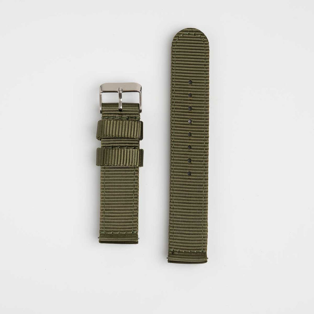 Nylon Quick Release Olive Green Watch Strap, both pieces laid flat