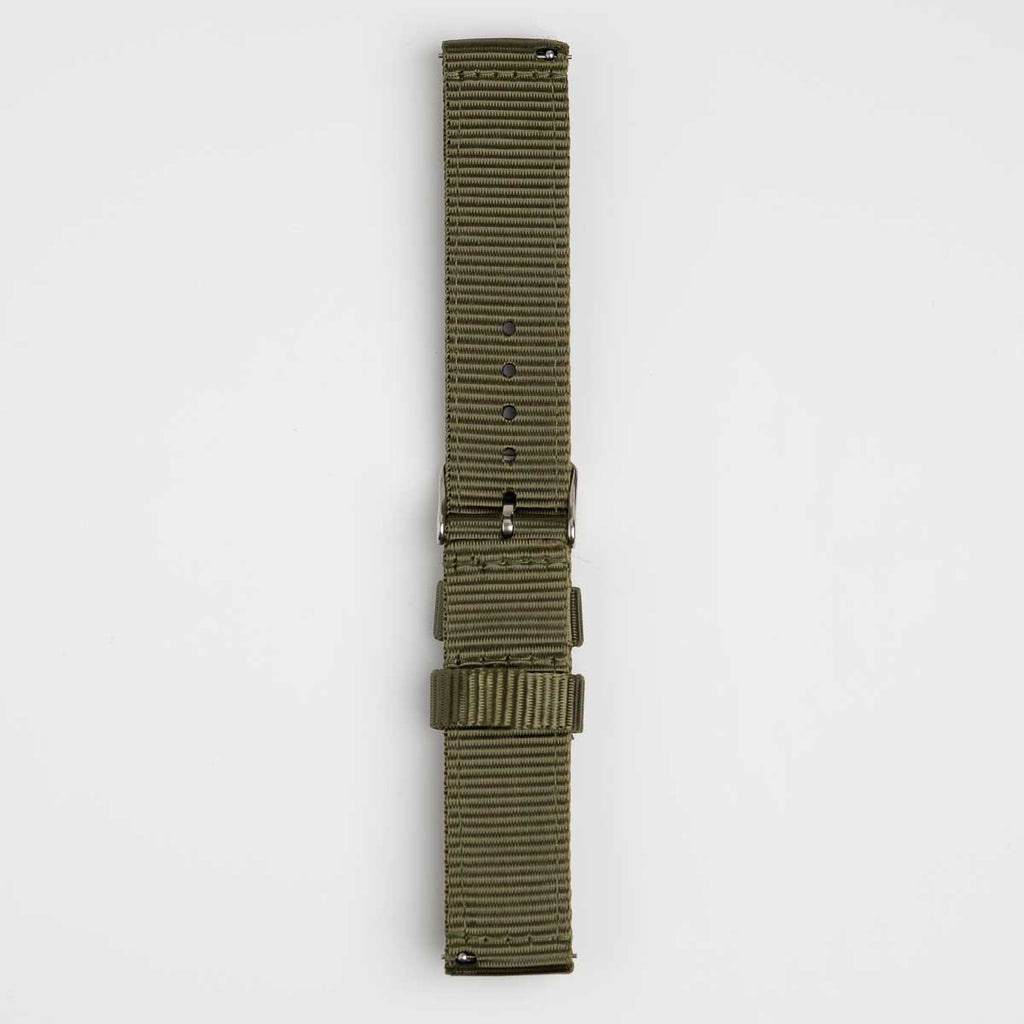 Nylon Quick Release Olive Green Watch Strap, underside showing the lining