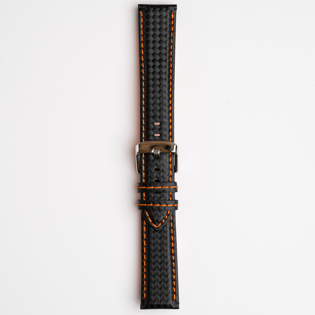 Anthracite Carbon Orange Watch Strap, buckled up, front view