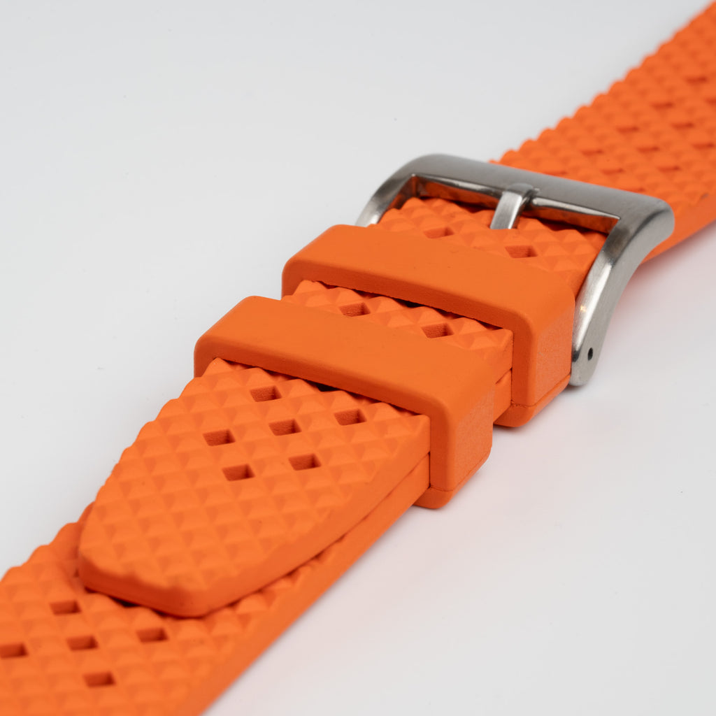 Hex FKM Quick Release Rubber Orange Watch Strap, close-up of the buckle and keepers