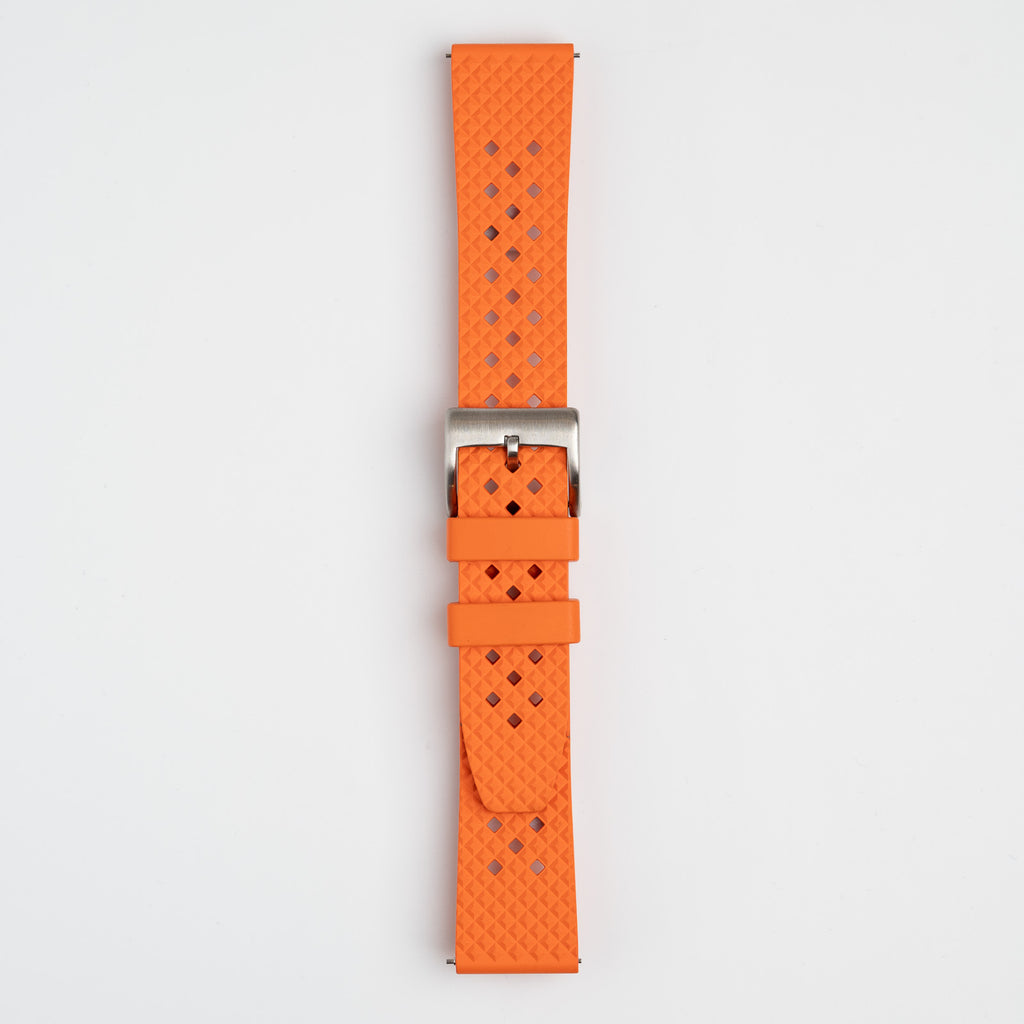 Hex FKM Quick Release Rubber Orange Watch Strap, buckled up, front view