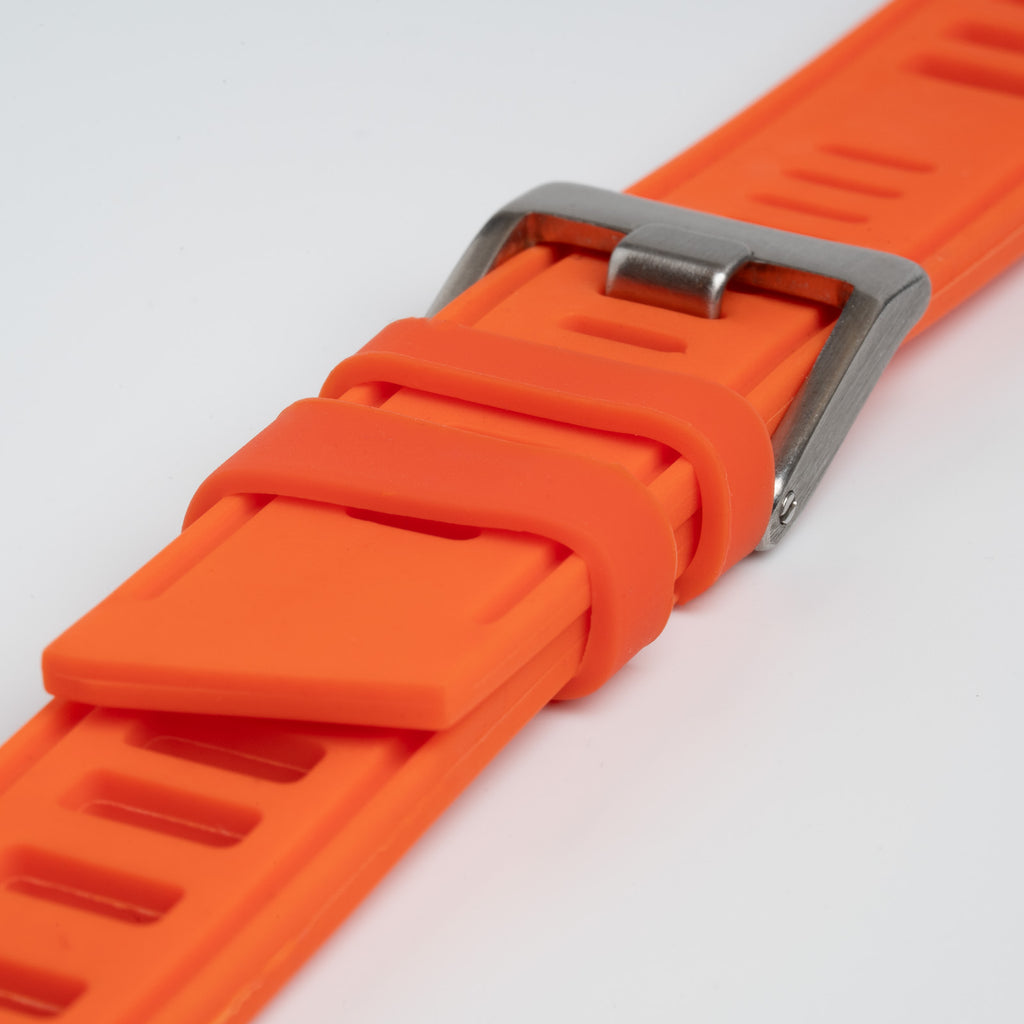 Submerge ISO Dive Orange Watch Strap, close-up of the buckle and keepers
