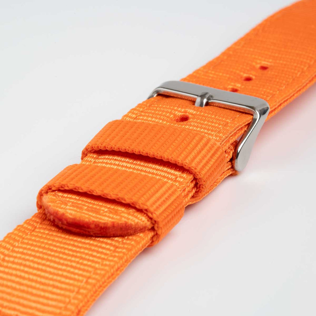 Nylon Quick Release Orange Watch Strap, close-up of the buckle and keepers