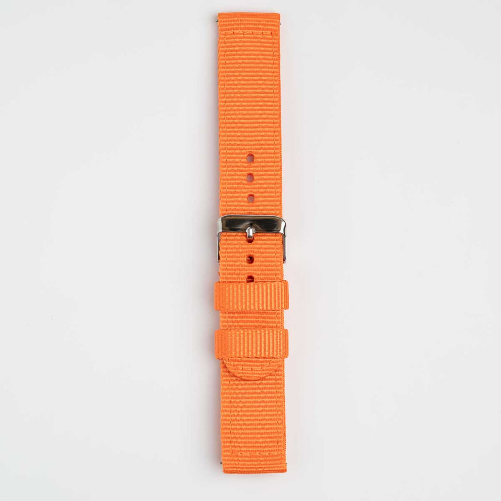 Nylon Quick Release Orange Watch Strap, buckled up, front view